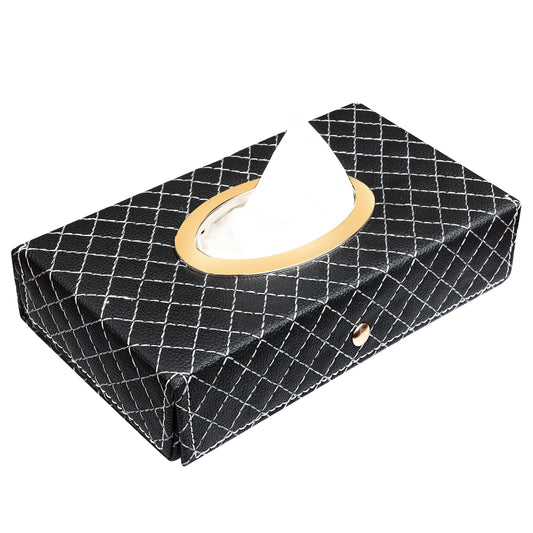 Auto Hub Faux Leather Car Tissue Holder Box, Tissue Paper Box for Car with 100 Tissue Pulls - Cross Texture -Black