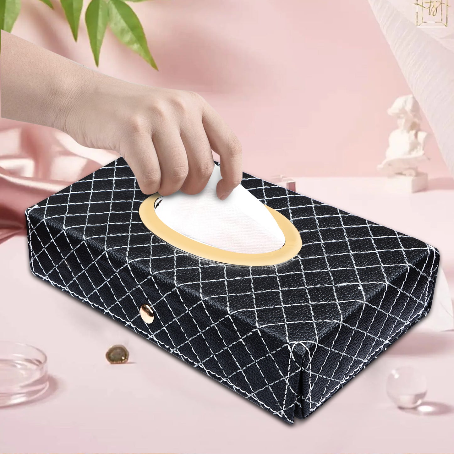 Auto Hub Faux Leather Car Tissue Holder Box, Tissue Paper Box for Car with 100 Tissue Pulls - Cross Texture -Black