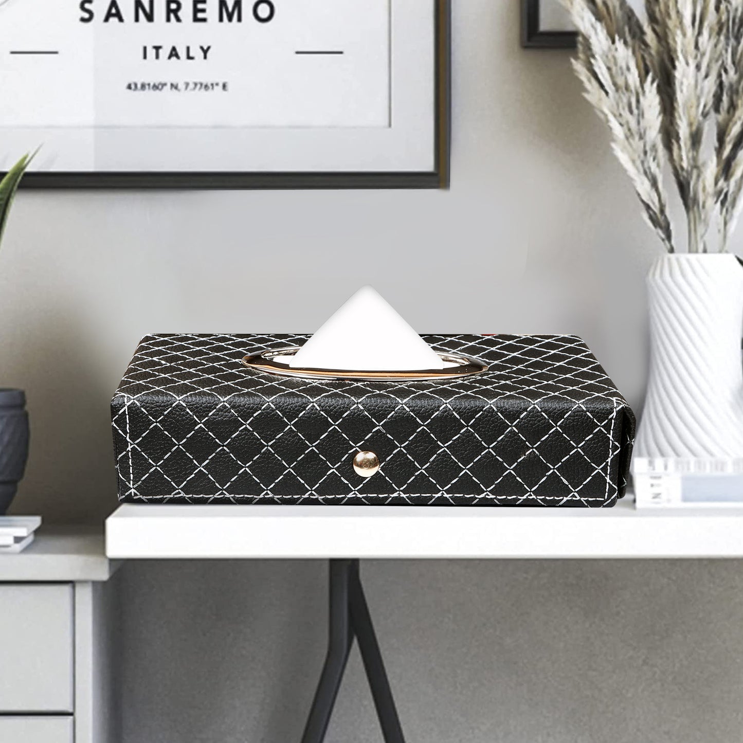Auto Hub Faux Leather Car Tissue Holder Box, Tissue Paper Box for Car with 100 Tissue Pulls - Cross Texture -Black