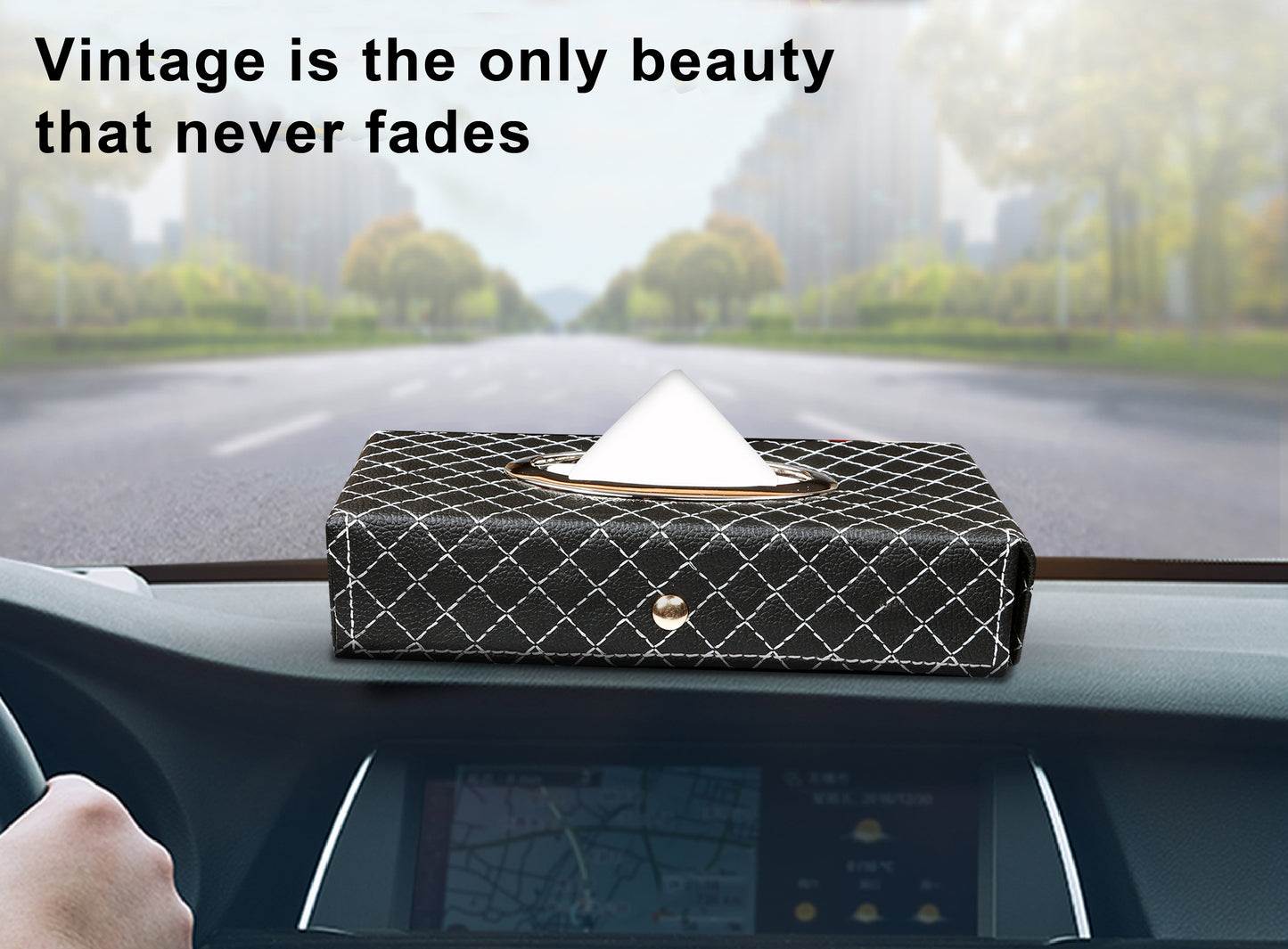 Auto Hub Faux Leather Car Tissue Holder Box, Tissue Paper Box for Car with 100 Tissue Pulls - Cross Texture -Black