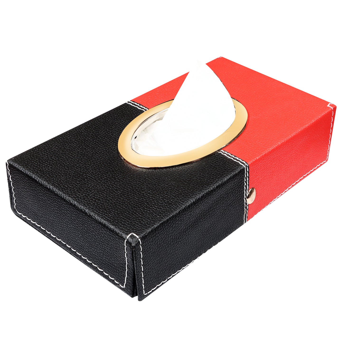 Auto Hub Leather Car Tissue Holder Box for Car, Home, Office with 100 Tissue Pulls - Chrome -Black-Red