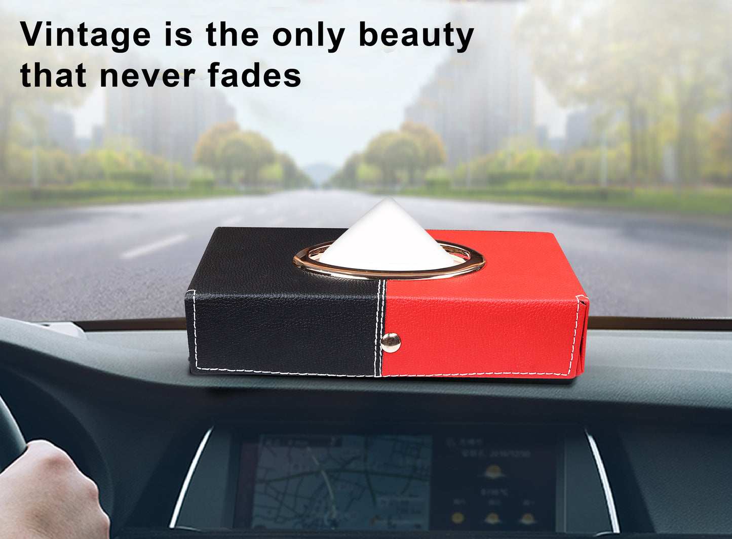 Auto Hub Leather Car Tissue Holder Box for Car, Home, Office with 100 Tissue Pulls - Chrome -Black-Red