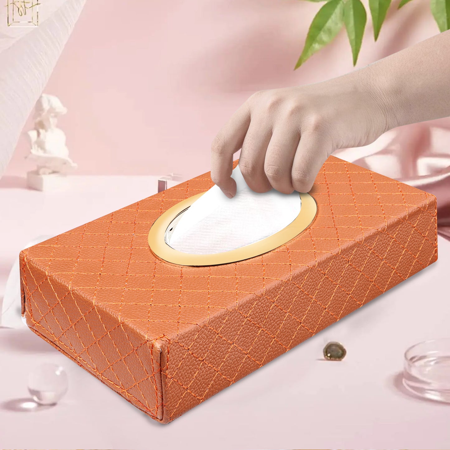 Auto Hub Leather Car Tissue Holder Box for Car, Home, Office with 100 Tissue Pulls - Cross -Tan