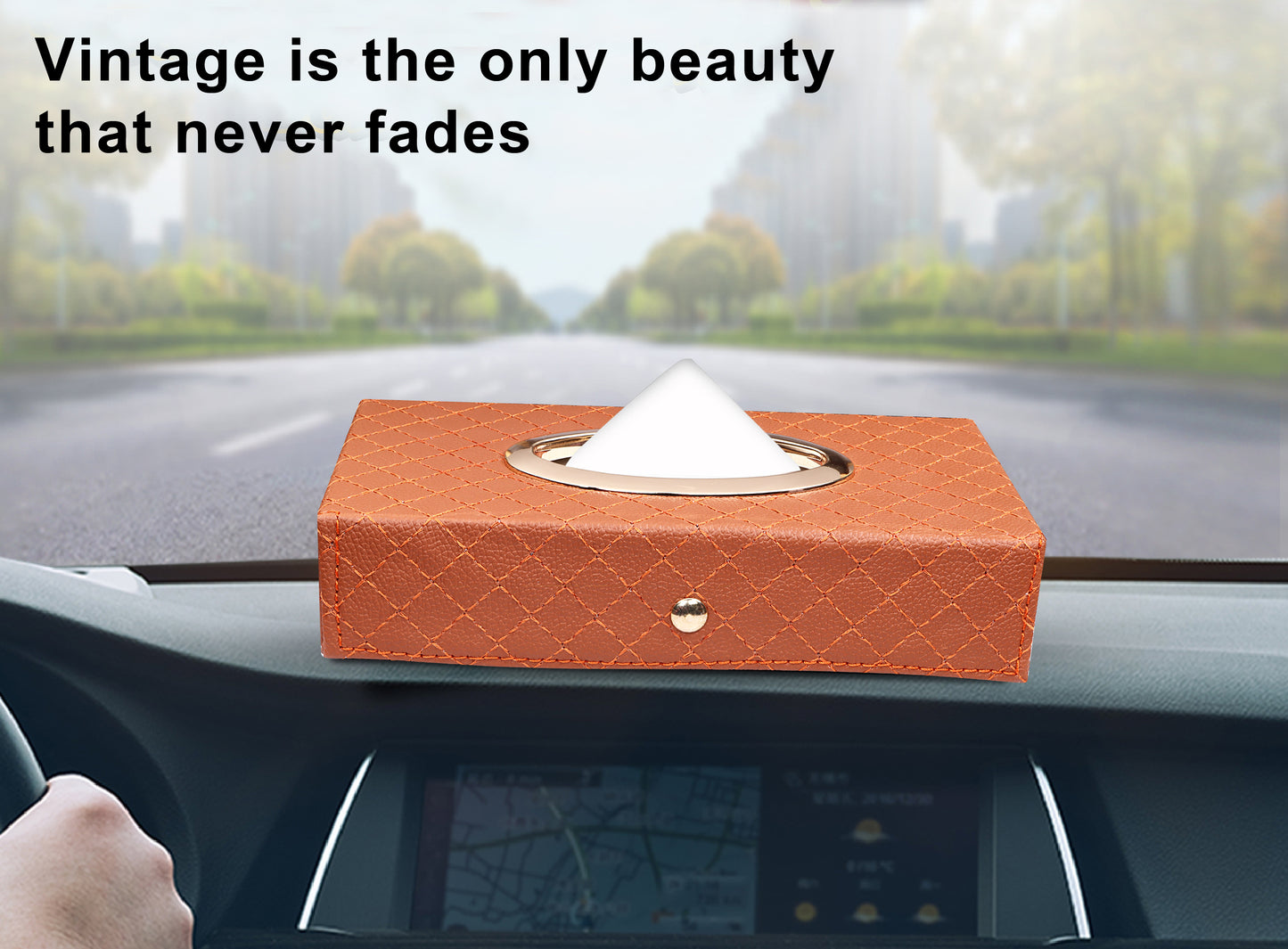 Auto Hub Leather Car Tissue Holder Box for Car, Home, Office with 100 Tissue Pulls - Cross -Tan