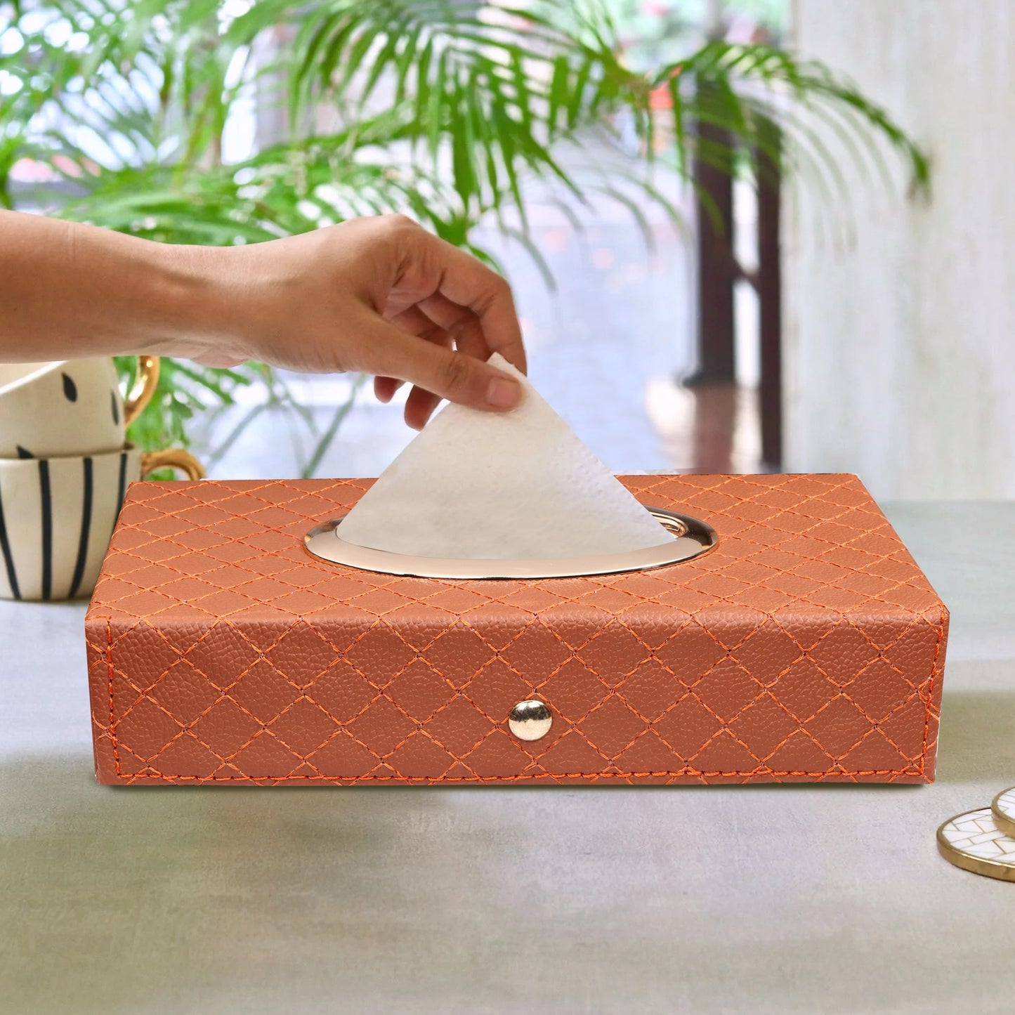 Auto Hub Leather Car Tissue Holder Box for Car, Home, Office with 100 Tissue Pulls - Cross -Tan