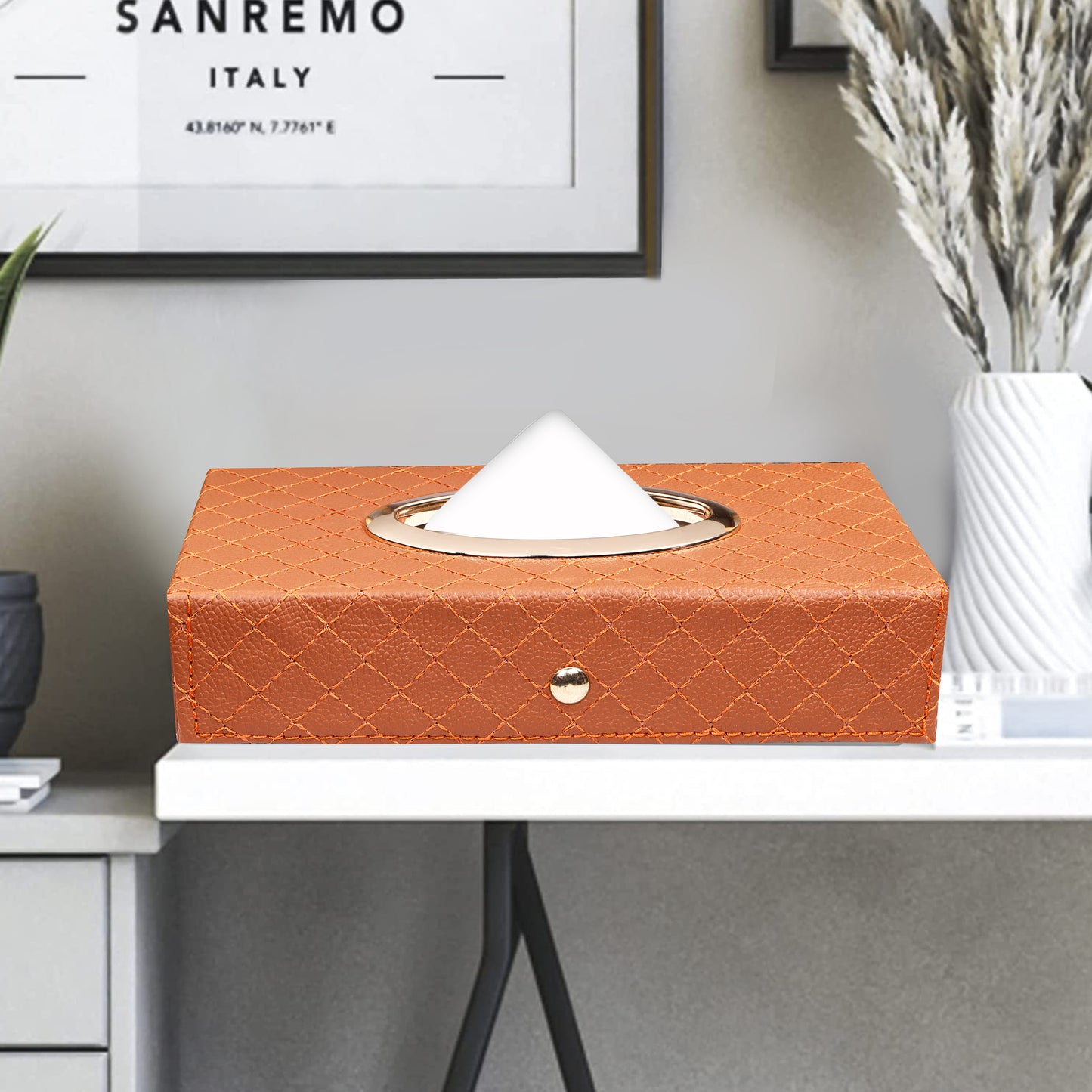 Auto Hub Leather Car Tissue Holder Box for Car, Home, Office with 100 Tissue Pulls - Cross -Tan