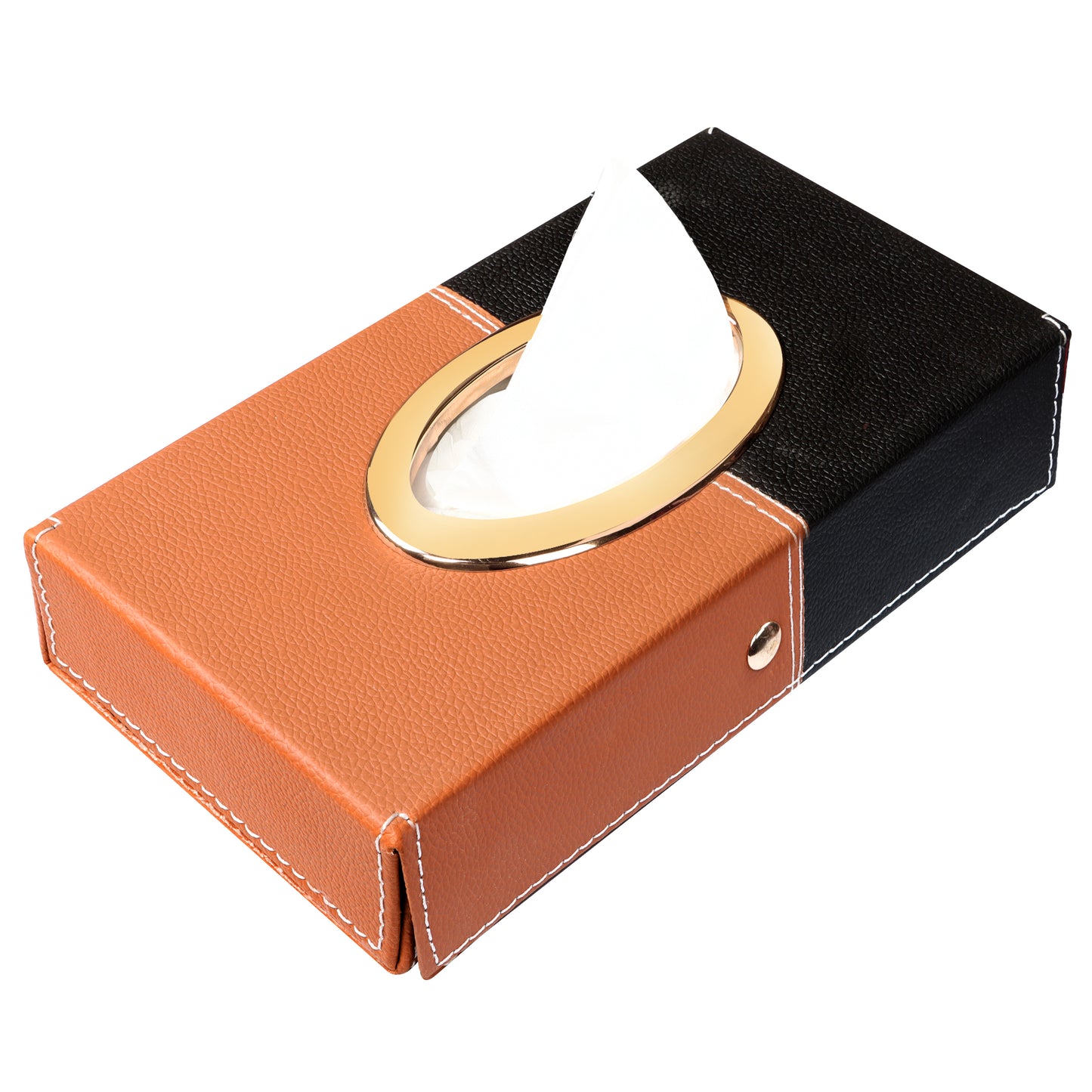 Auto Hub Leather Car Tissue Holder Box for Car, Home, Office with 100 Tissue Pulls - Chrome -Black-Tan
