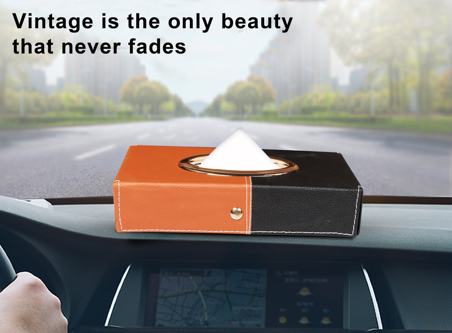 Auto Hub Leather Car Tissue Holder Box for Car, Home, Office with 100 Tissue Pulls - Chrome -Black-Tan