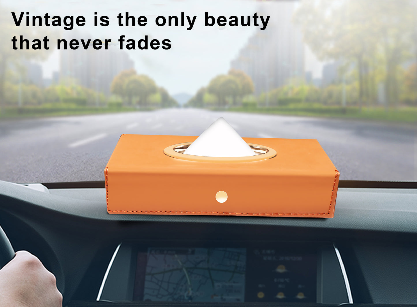 Auto Hub Leather Car Tissue Holder Box for Car, Home, Office with 100 Tissue Pulls - Chrome -Tan