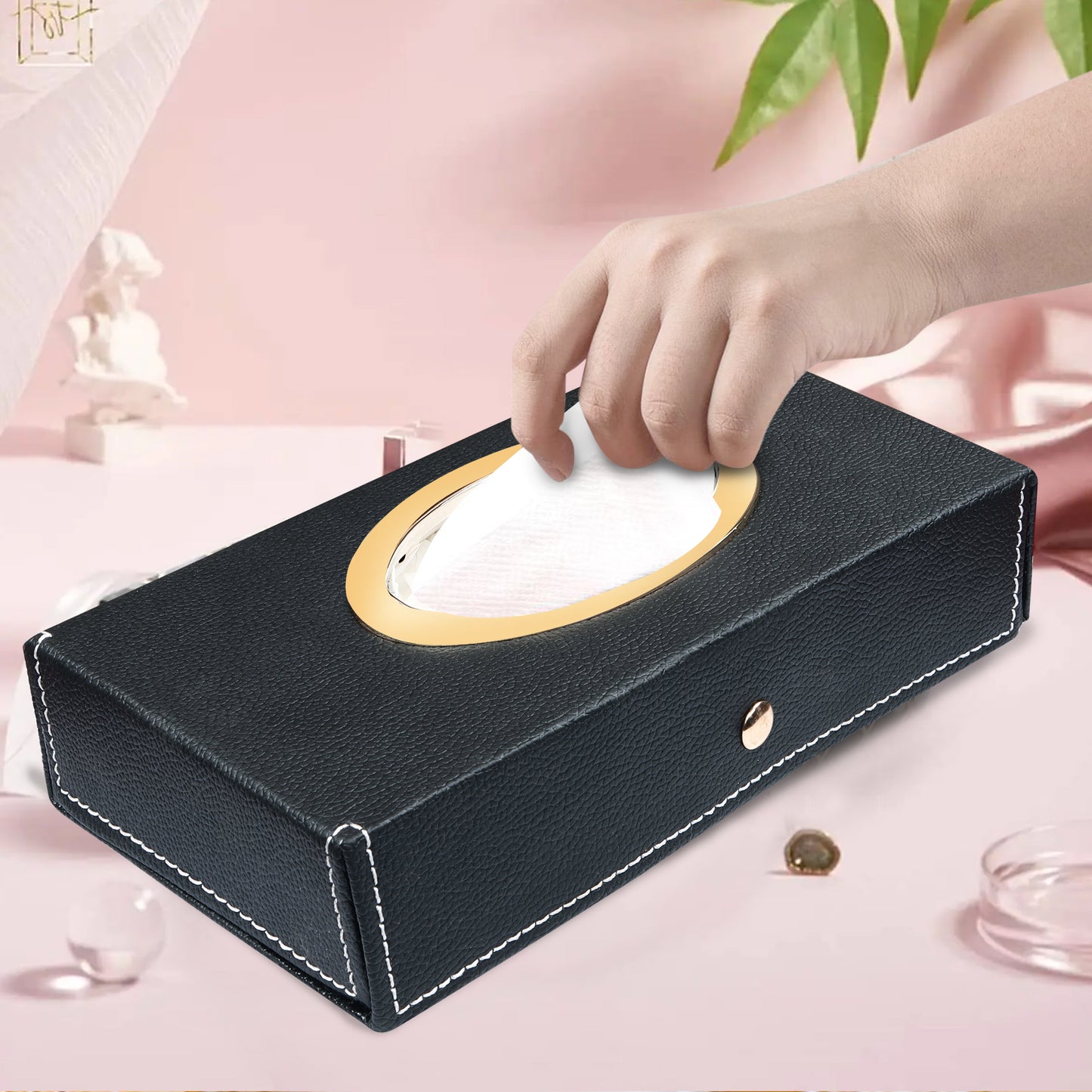 Auto Hub Leather Car Tissue Holder Box for Car, Home, Office with 100 Tissue Pulls - Chrom -Black
