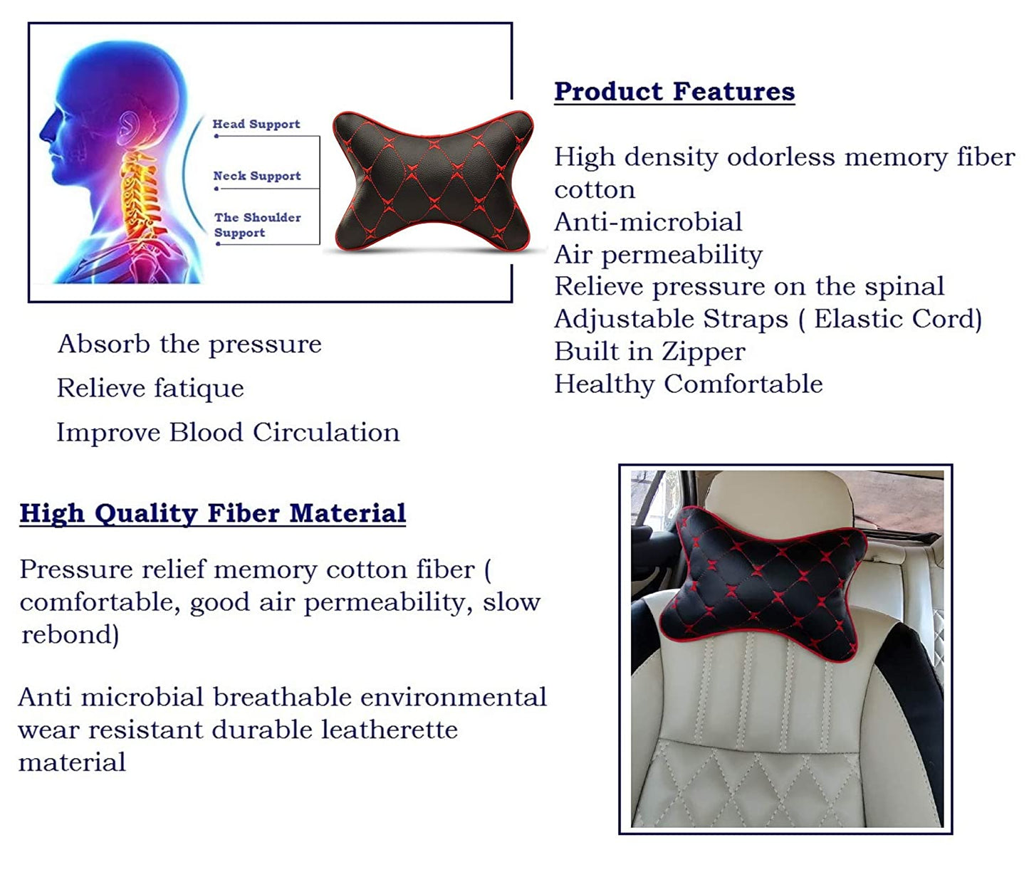 Auto Hub Faux Leather Car Neck Rest for All Cars for Neck Support Car Cushion for Headrest- Pack of 2