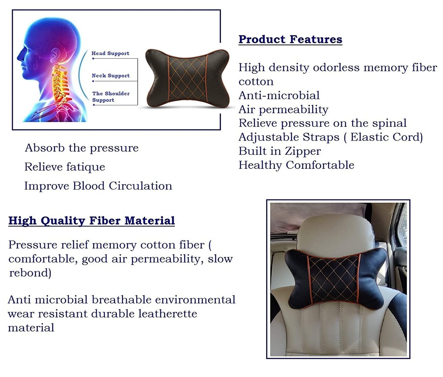 Auto Hub Faux Leather Car Neck Rest for All Cars for Neck Support Car Cushion for Headrest- Pack of 2