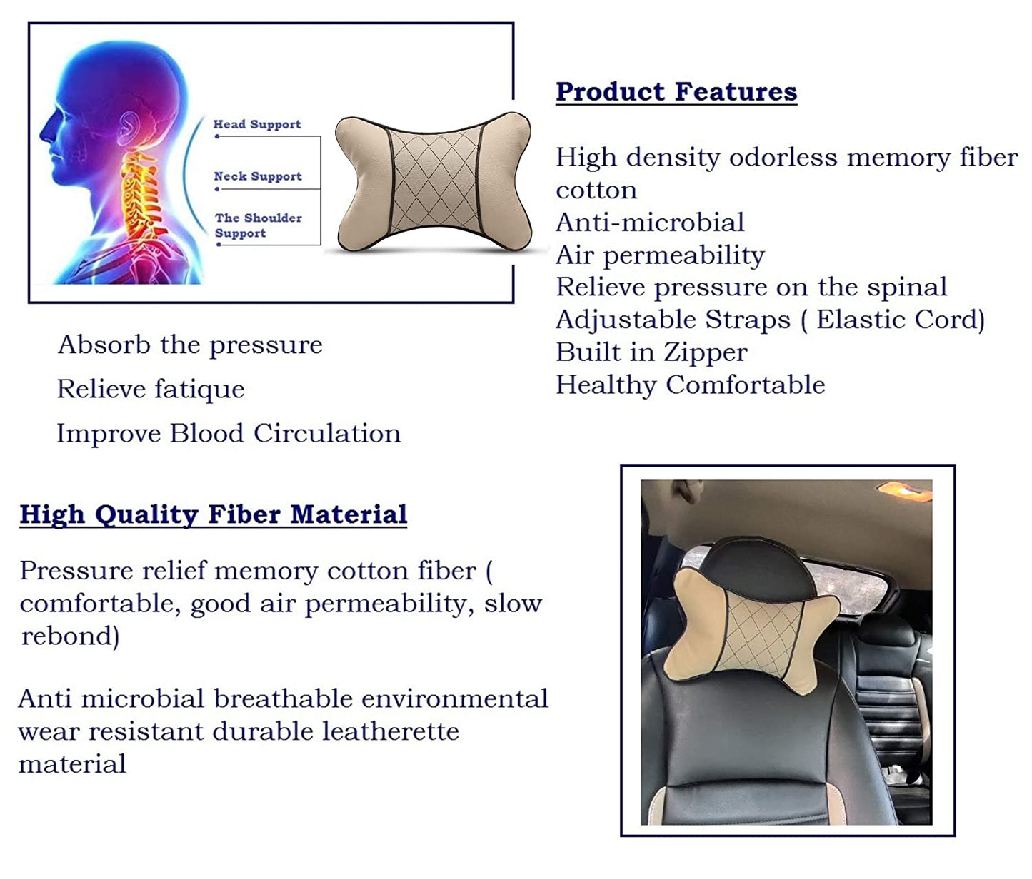 Auto Hub Faux Leather Car Neck Rest for All Cars for Neck Support Car Cushion for Headrest- Pack of 2
