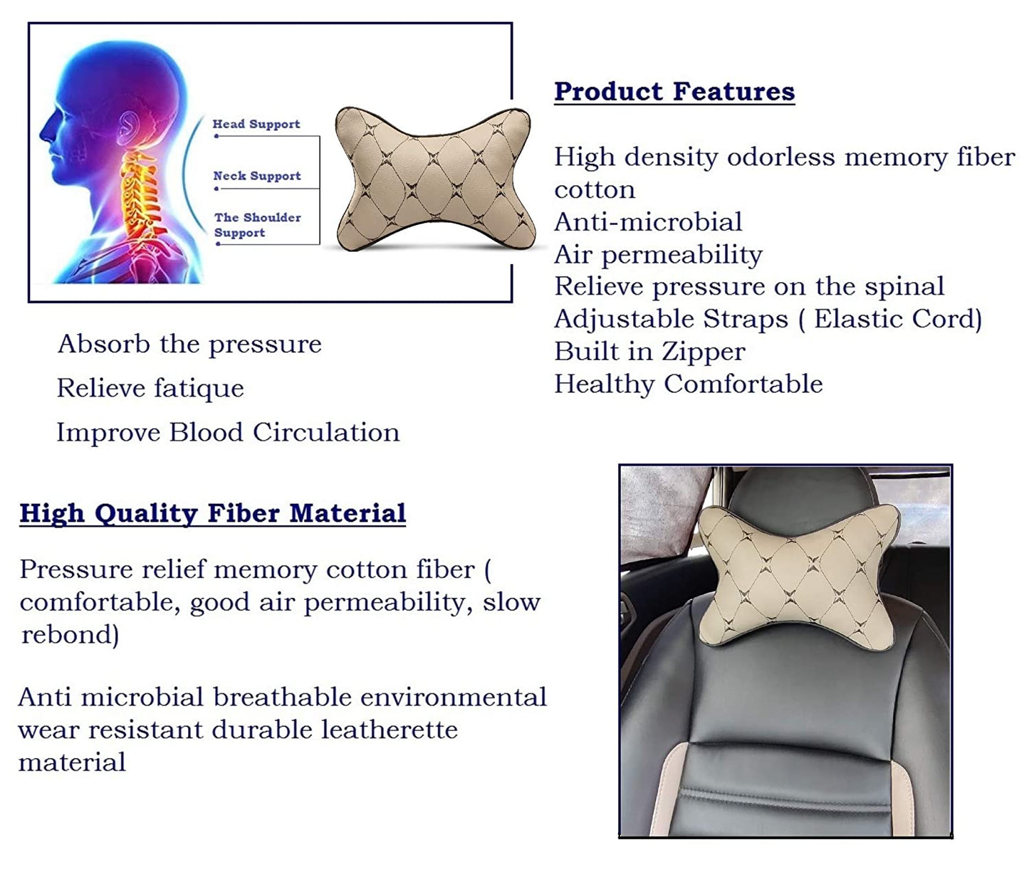 Auto Hub Faux Leather Car Neck Rest for All Cars for Neck Support Car Cushion for Headrest- Pack of 2