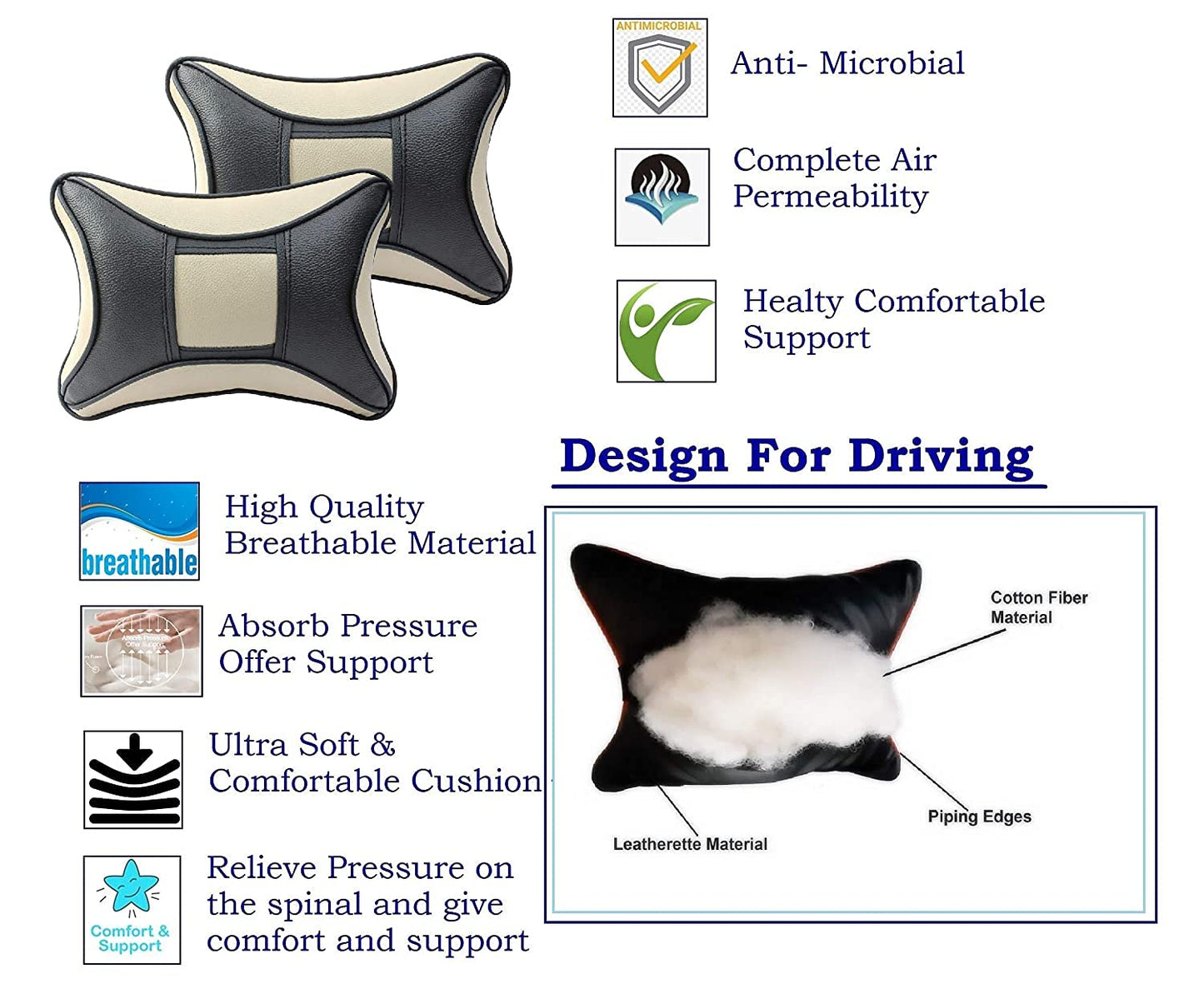 Auto Hub Car Neck Rest Pillow, Car Cushion for All Cars - Pack of 2