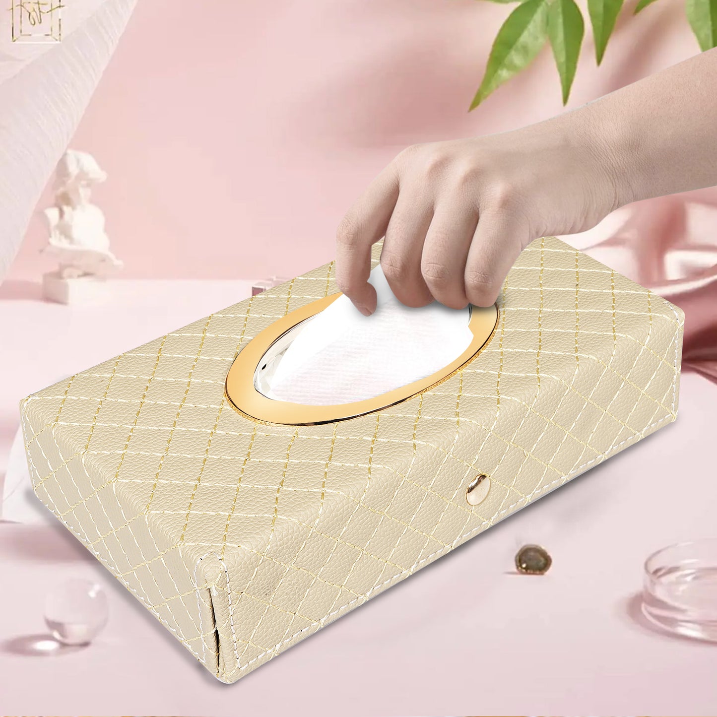 Auto Hub Faux Leather Car Tissue Box Holder, Tissue Paper Holder for Car with 100 Tissue Paper - Cross Texture -Beige