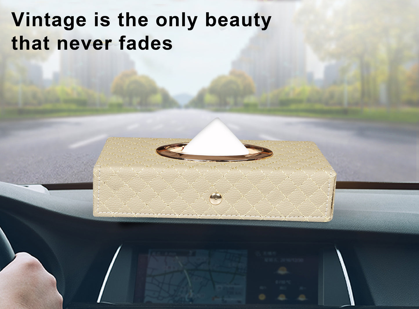 Auto Hub Faux Leather Car Tissue Box Holder, Tissue Paper Holder for Car with 100 Tissue Paper - Cross Texture -Beige