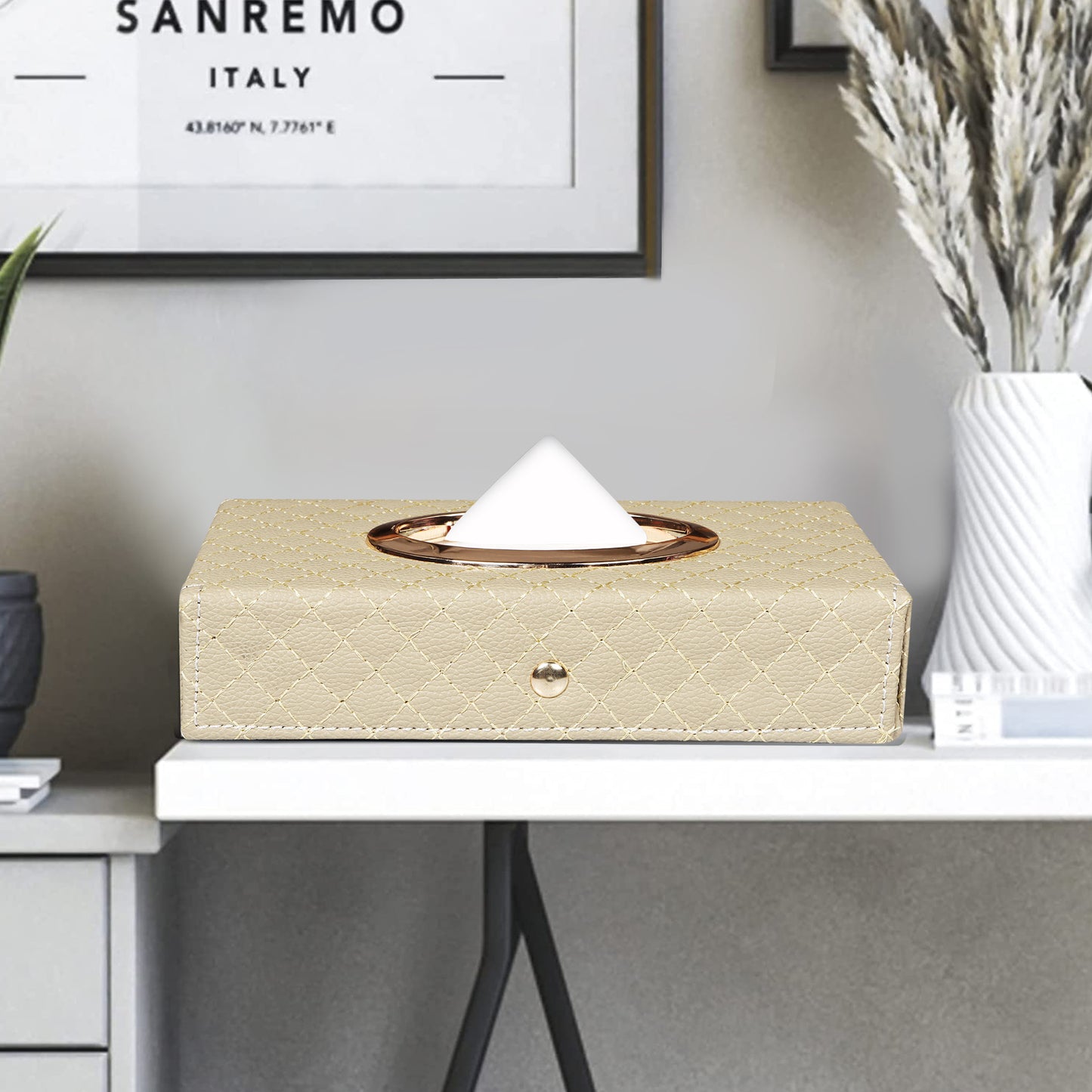 Auto Hub Faux Leather Car Tissue Box Holder, Tissue Paper Holder for Car with 100 Tissue Paper - Cross Texture -Beige