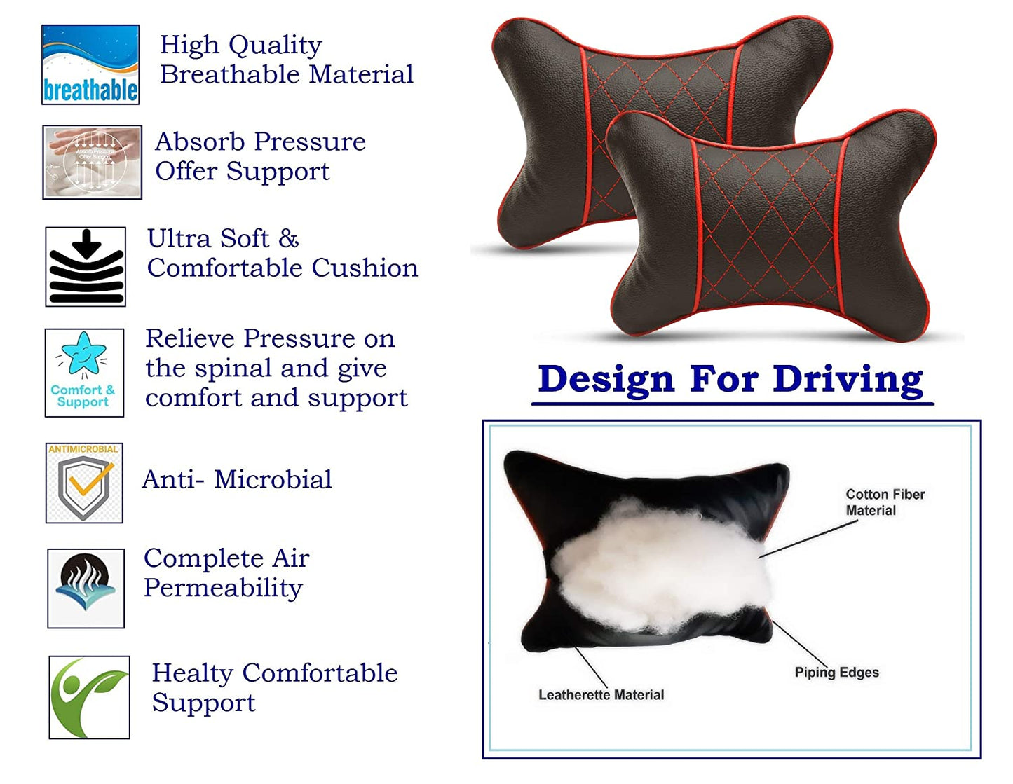 Auto Hub Faux Leather Car Neck Rest for All Cars for Neck Support Car Cushion for Headrest- Pack of 2