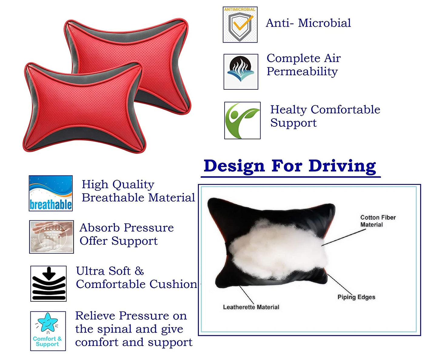 Auto Hub Car Faux Leather Neck Rest Pillow / Cushion for All Cars- Pack of 2