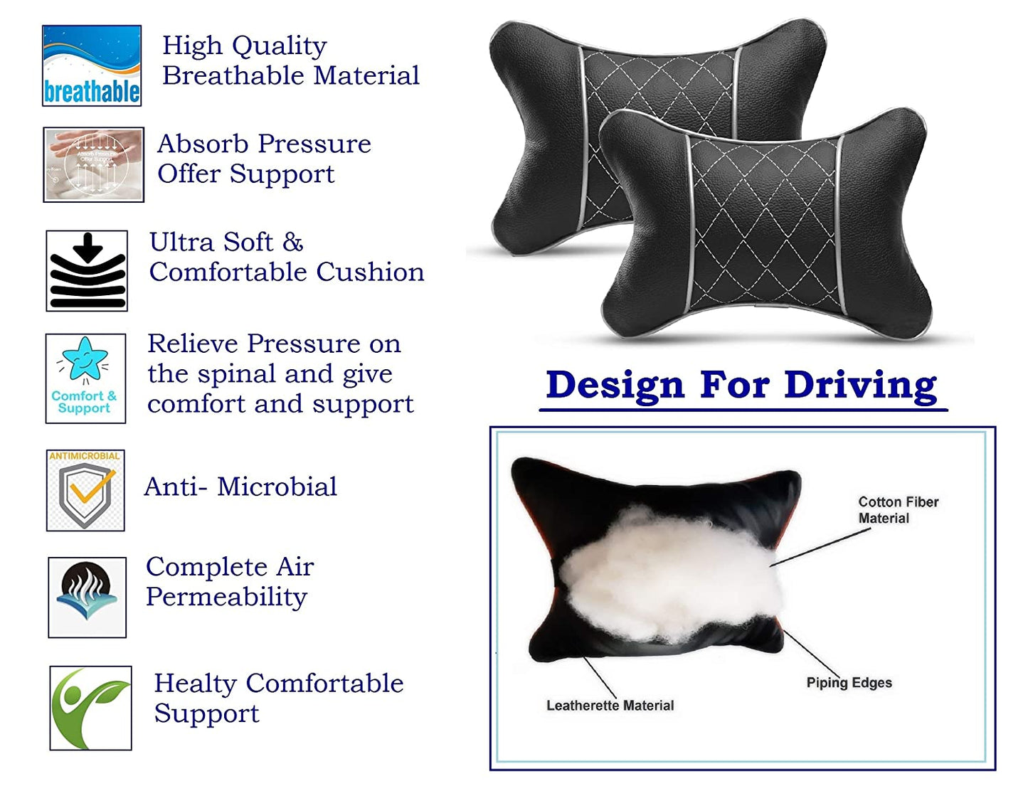 Auto Hub Faux Leather Car Neck Rest for All Cars for Neck Support Car Cushion for Headrest- Pack of 2
