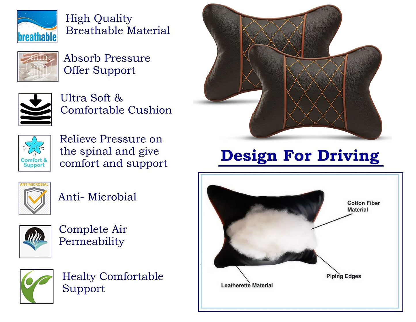 Auto Hub Faux Leather Car Neck Rest for All Cars for Neck Support Car Cushion for Headrest- Pack of 2