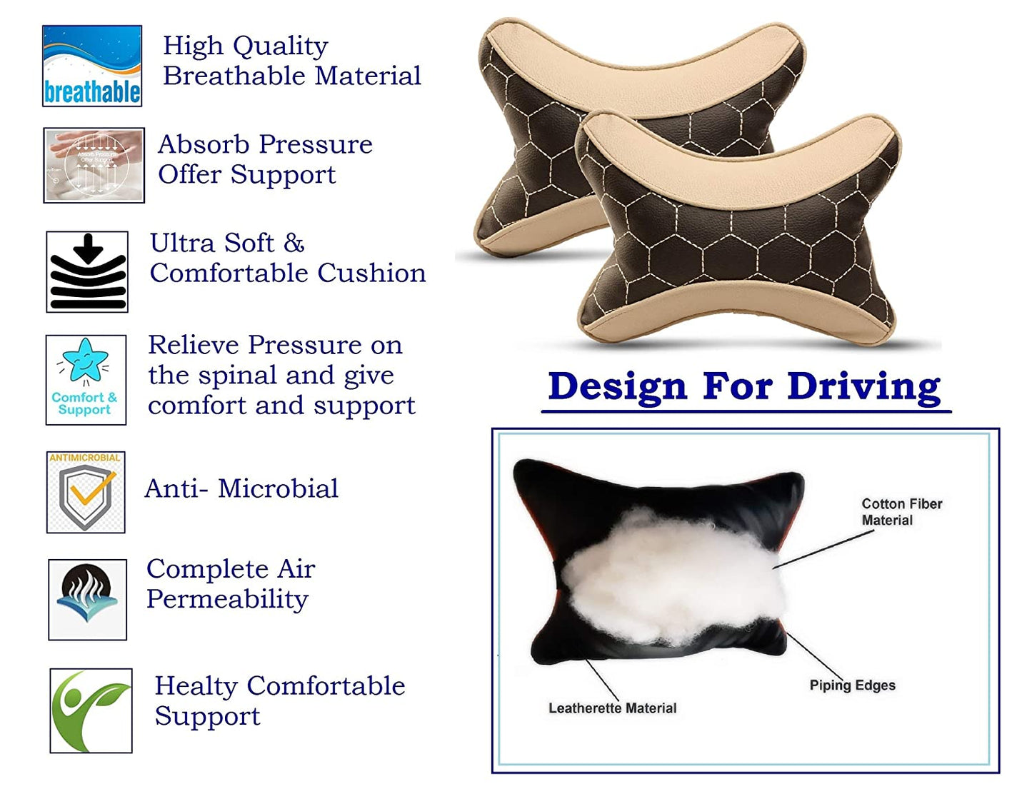 Auto Hub Faux Leather Car Neck Rest for All Cars for Neck Support Car Cushion for Headrest- Pack of 2