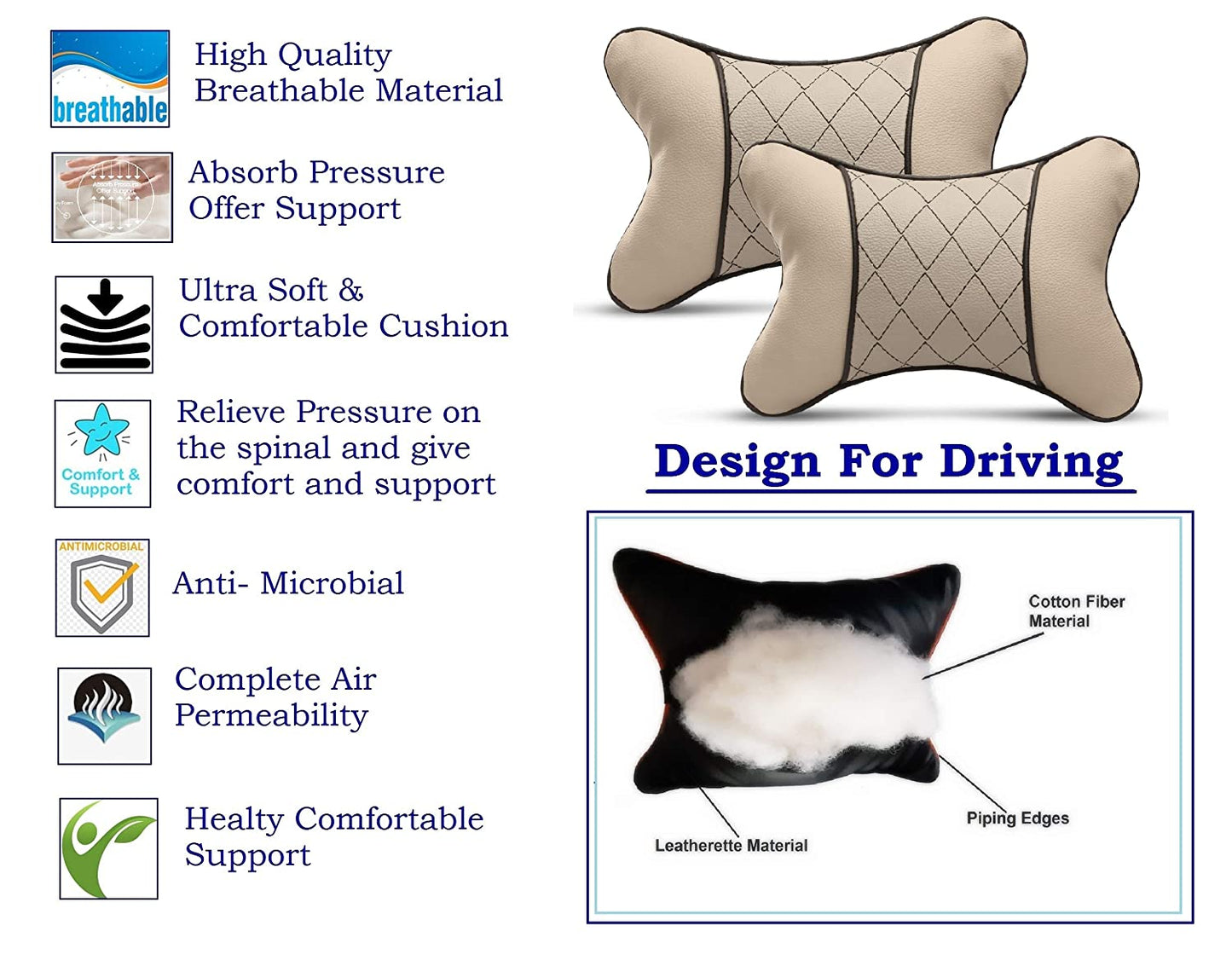 Auto Hub Faux Leather Car Neck Rest for All Cars for Neck Support Car Cushion for Headrest- Pack of 2