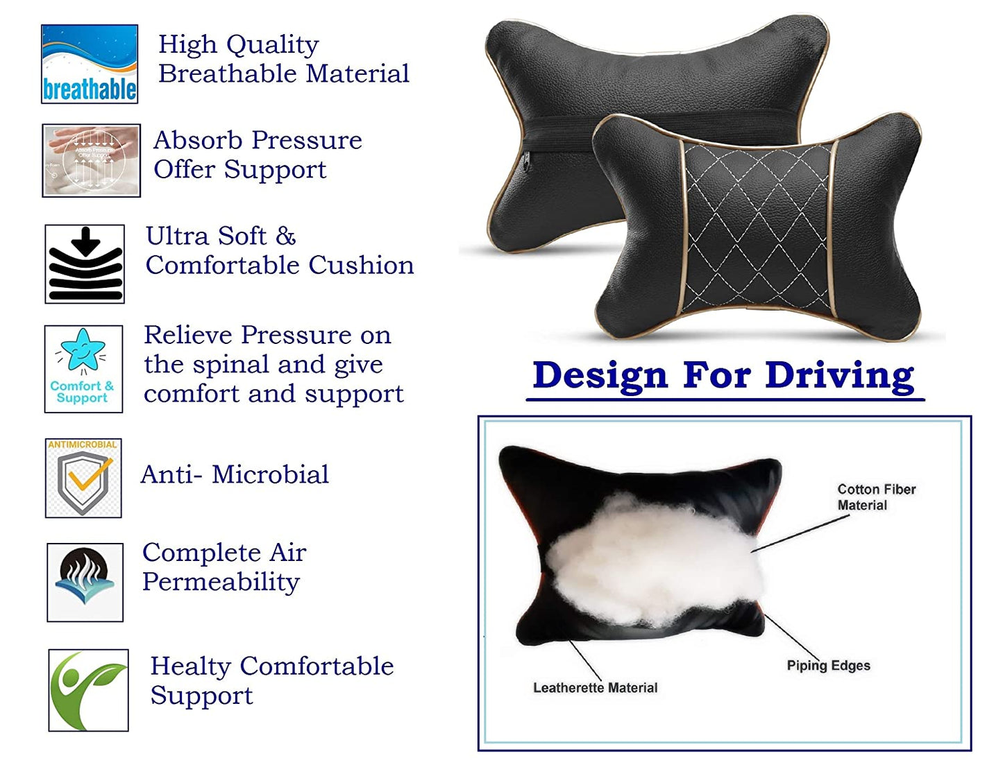 Auto Hub Faux Leather Car Neck Rest for All Cars for Neck Support Car Cushion for Headrest- Pack of 2