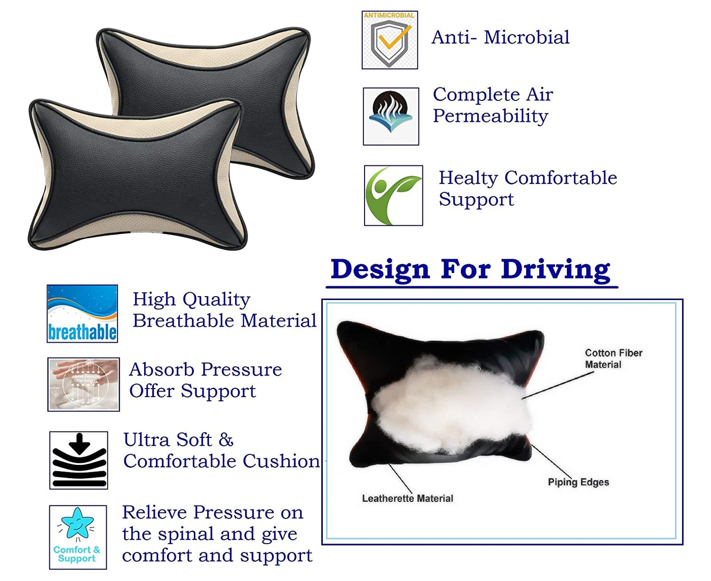Auto Hub Car Faux Leather Neck Rest Pillow / Cushion for All Cars- Pack of 2