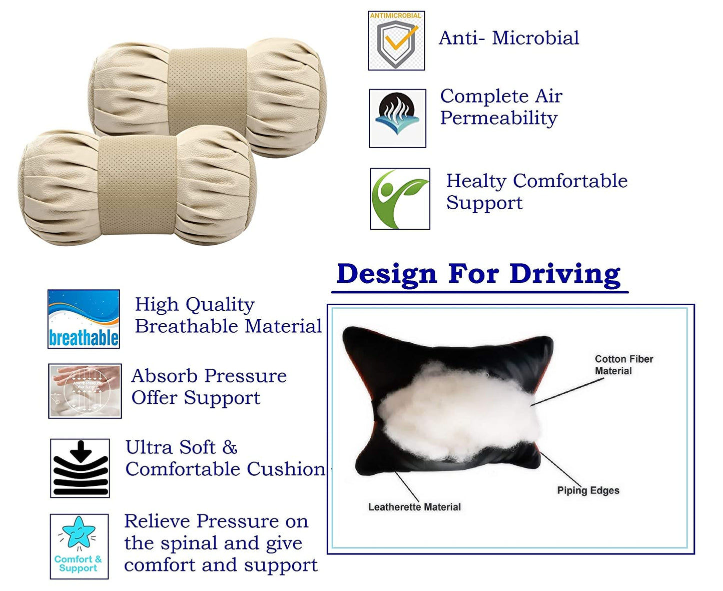 Auto Hub Faux Leather Car Neck Rest for All Cars for Neck Support Car Cushion for Headrest- Pack of 2