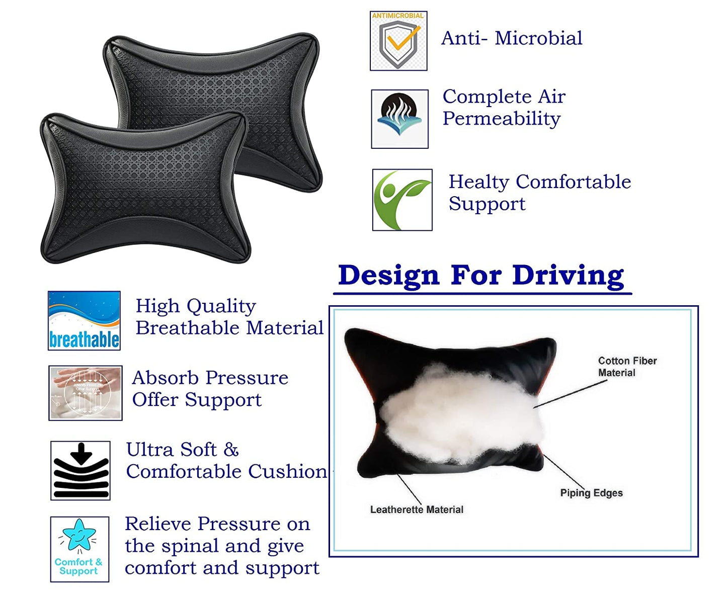 Auto Hub Car Faux Leather Neck Rest Pillow / Cushion for All Cars- Pack of 2