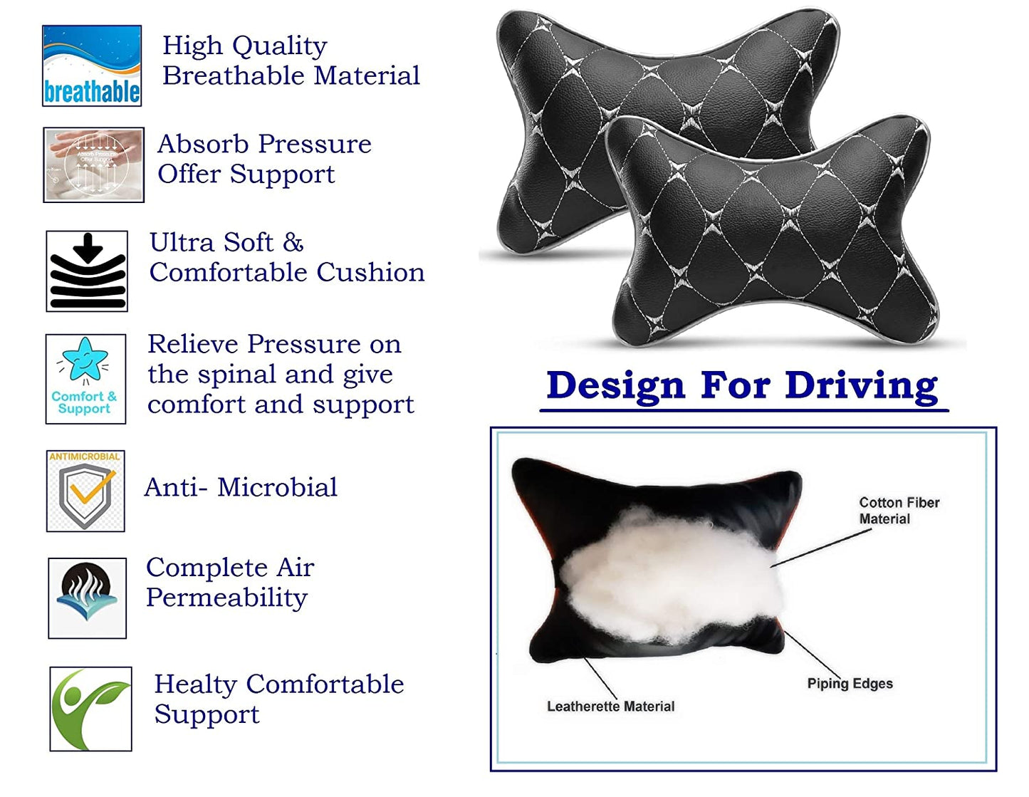 Auto Hub Faux Leather Car Neck Rest for All Cars for Neck Support Car Cushion for Headrest- Pack of 2