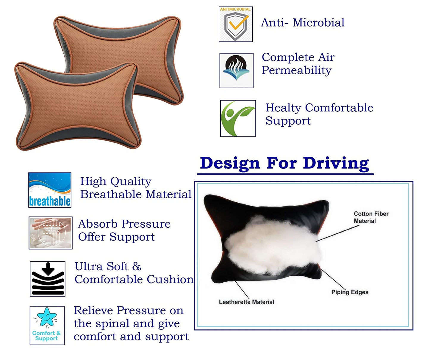Auto Hub Car Faux Leather Neck Rest Pillow / Cushion for All Cars- Pack of 2
