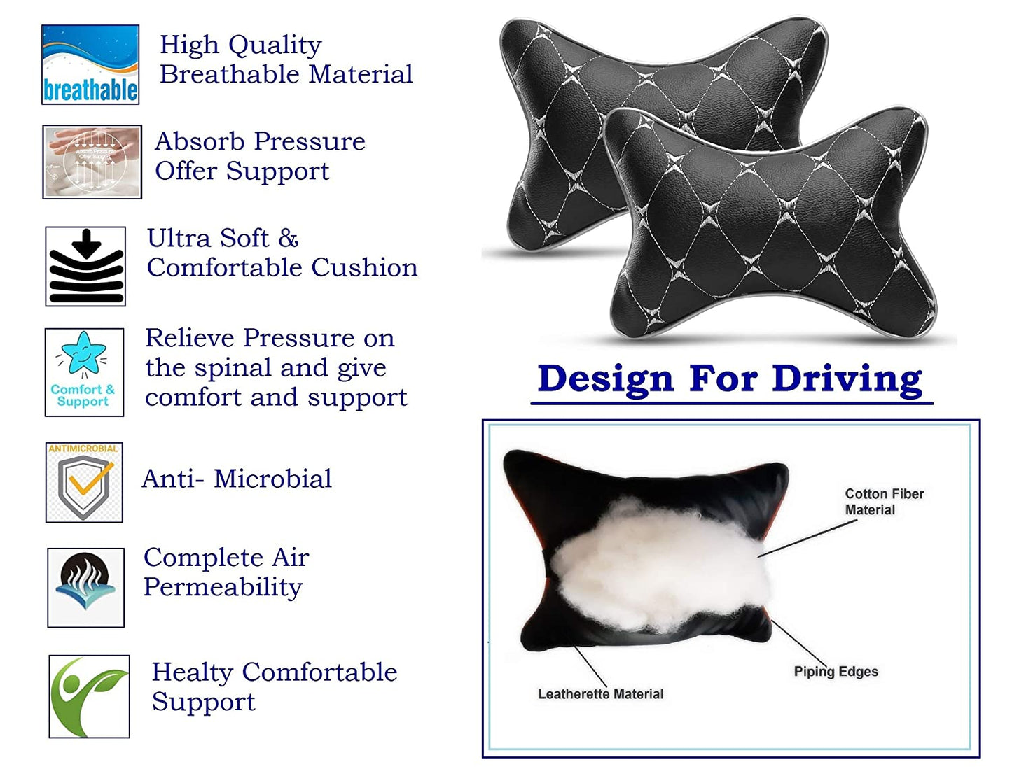 Auto Hub Faux Leather Car Neck Rest for All Cars for Neck Support Car Cushion for Headrest- Pack of 2