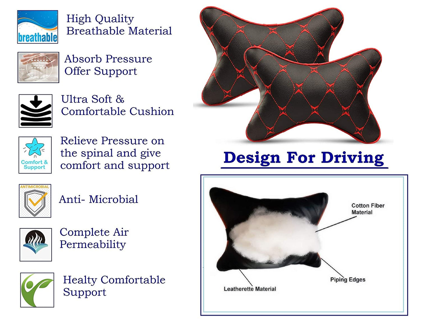 Auto Hub Faux Leather Car Neck Rest for All Cars for Neck Support Car Cushion for Headrest- Pack of 2