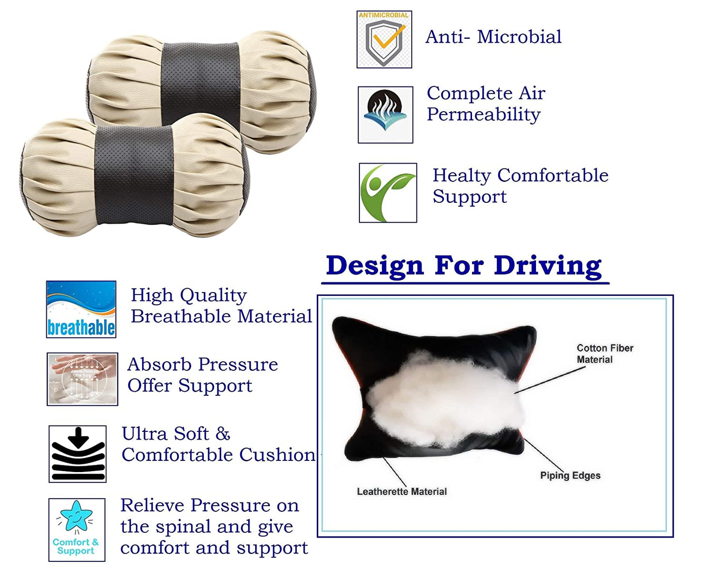 Auto Hub Faux Leather Car Neck Rest for All Cars for Neck Support Car Cushion for Headrest- Pack of 2