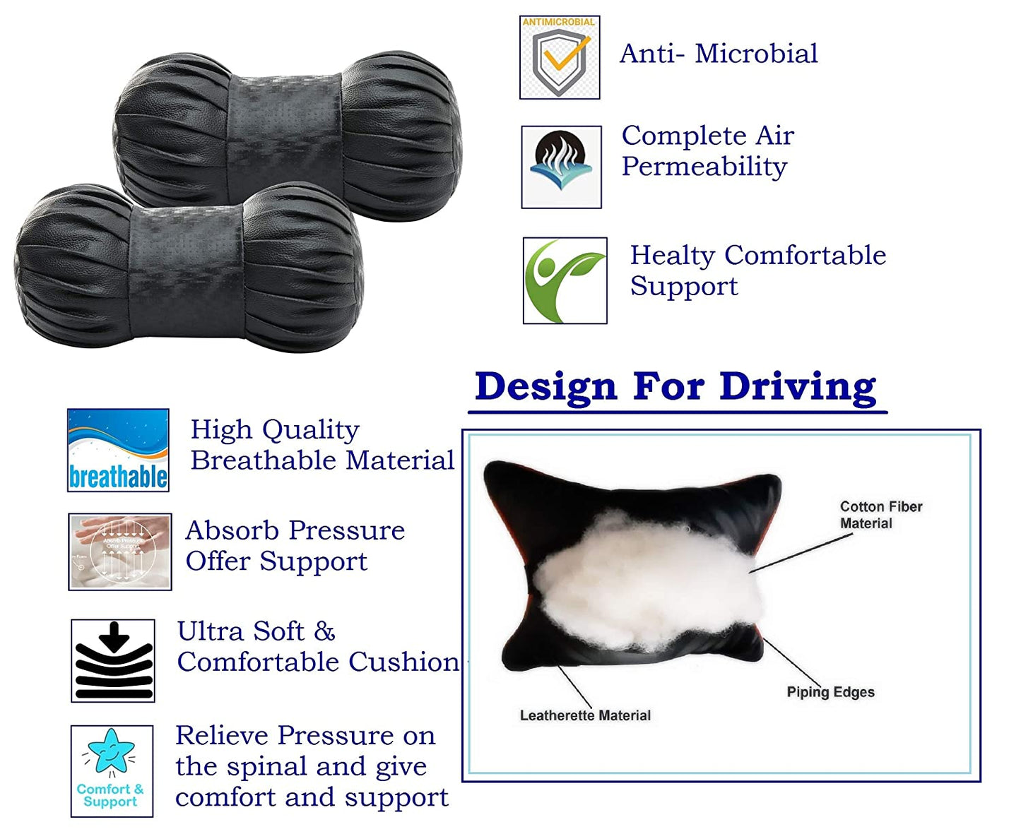 Auto Hub Faux Leather Car Neck Rest for All Cars for Neck Support Car Cushion for Headrest- Pack of 2