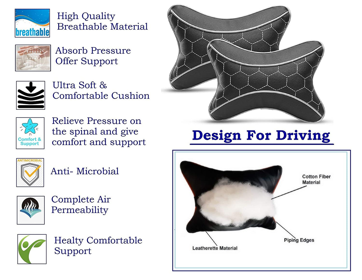 Auto Hub Faux Leather Car Neck Rest for All Cars for Neck Support Car Cushion for Headrest- Pack of 2