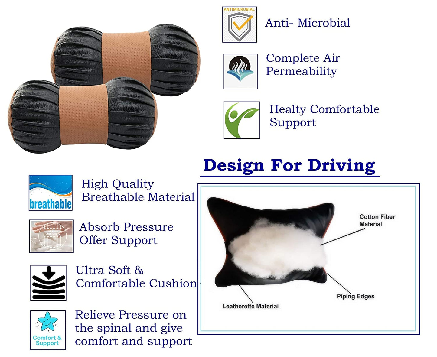 Auto Hub Faux Leather Car Neck Rest for All Cars for Neck Support Car Cushion for Headrest- Pack of 2