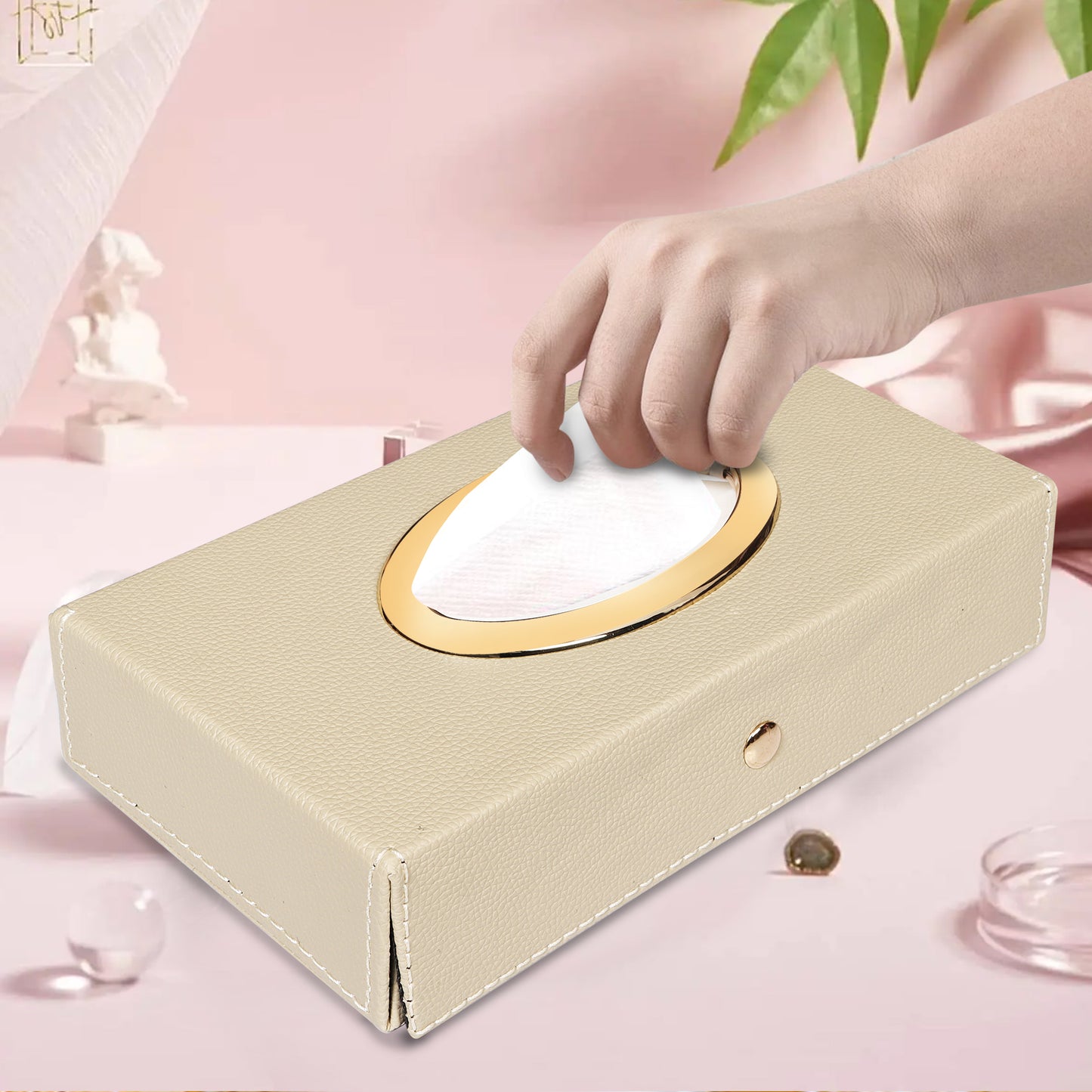 Auto Hub Leather Car Tissue Holder Box for Car, Home, Office with 100 Tissue Pulls - Chrome -Beige