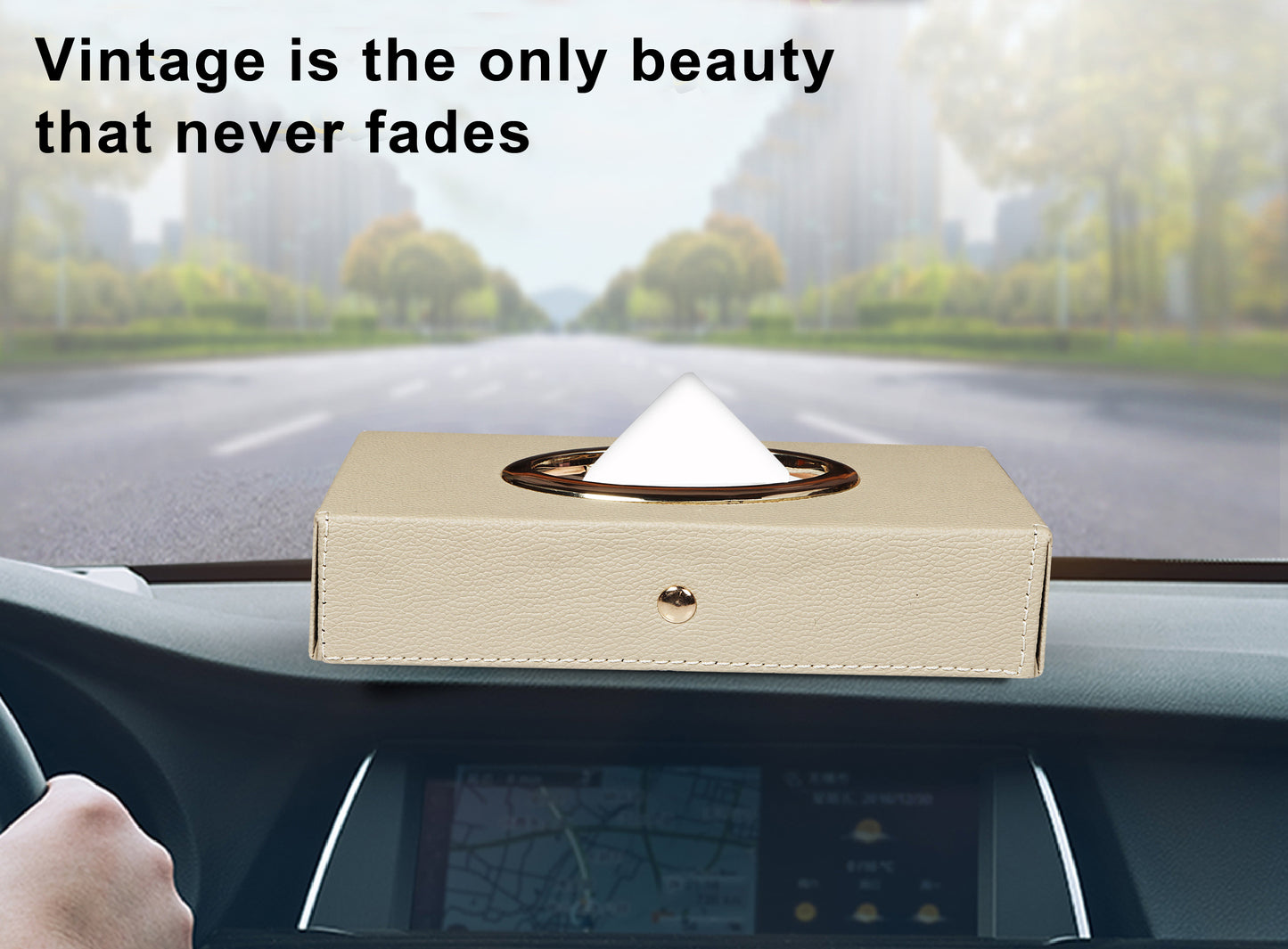 Auto Hub Leather Car Tissue Holder Box for Car, Home, Office with 100 Tissue Pulls - Chrome -Beige