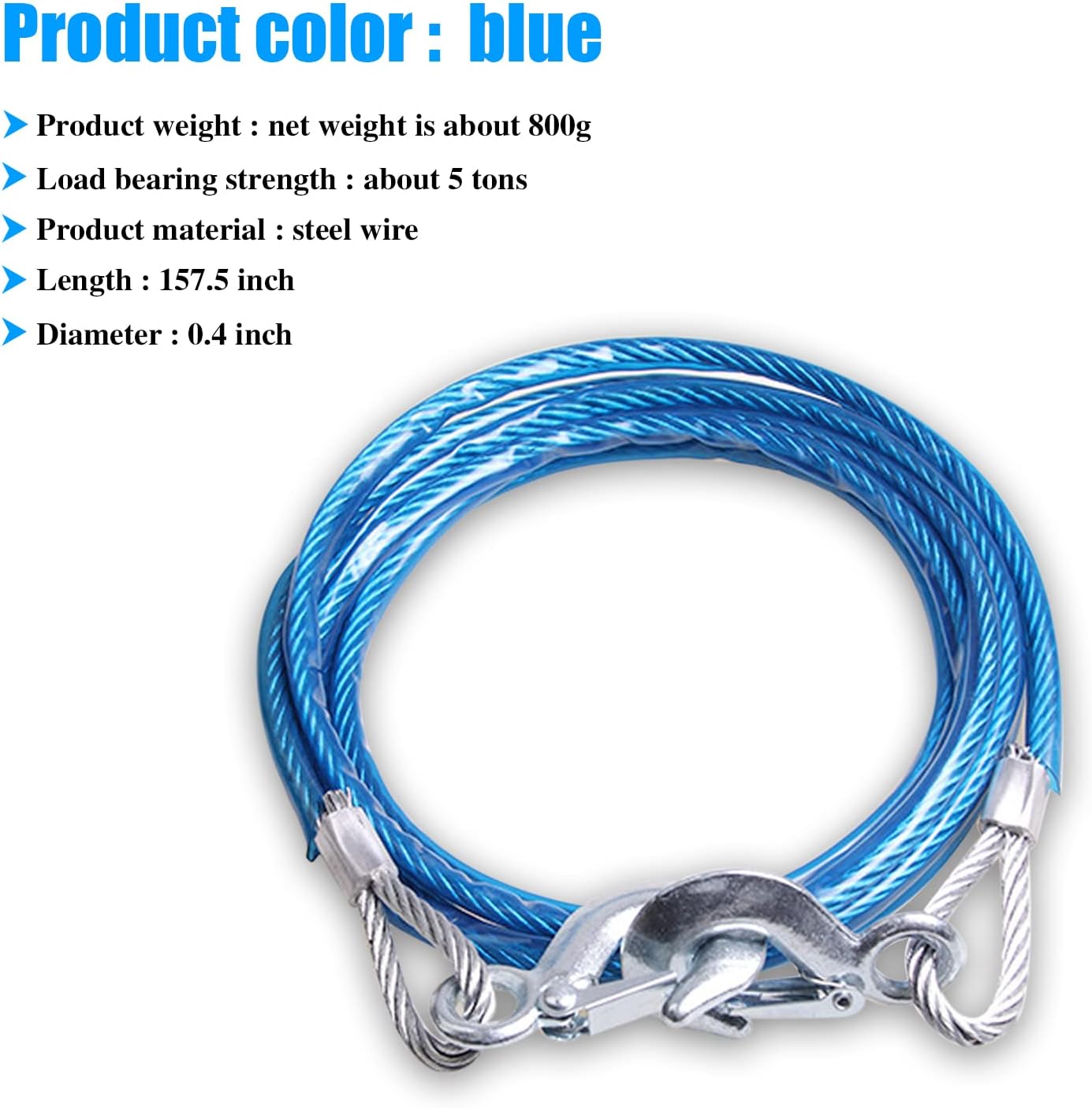 Car Towing Strap Tow Cable Rope with Hooks 10 Feet Emergency Heavy Duty