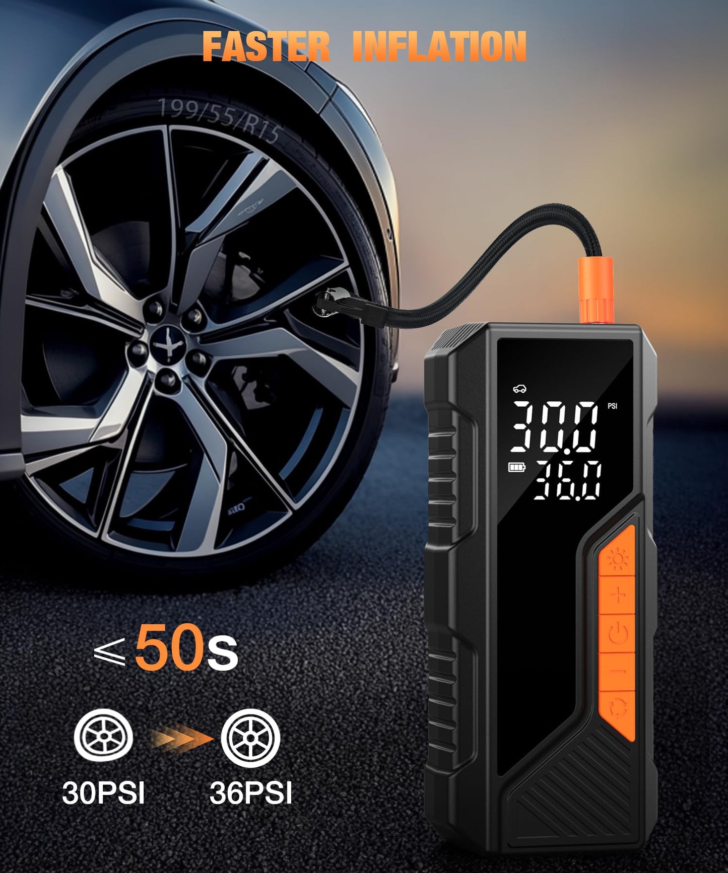 150PSI Cordless Tyre Inflator for Car & Bike - Orange - (12 Month) Warranty