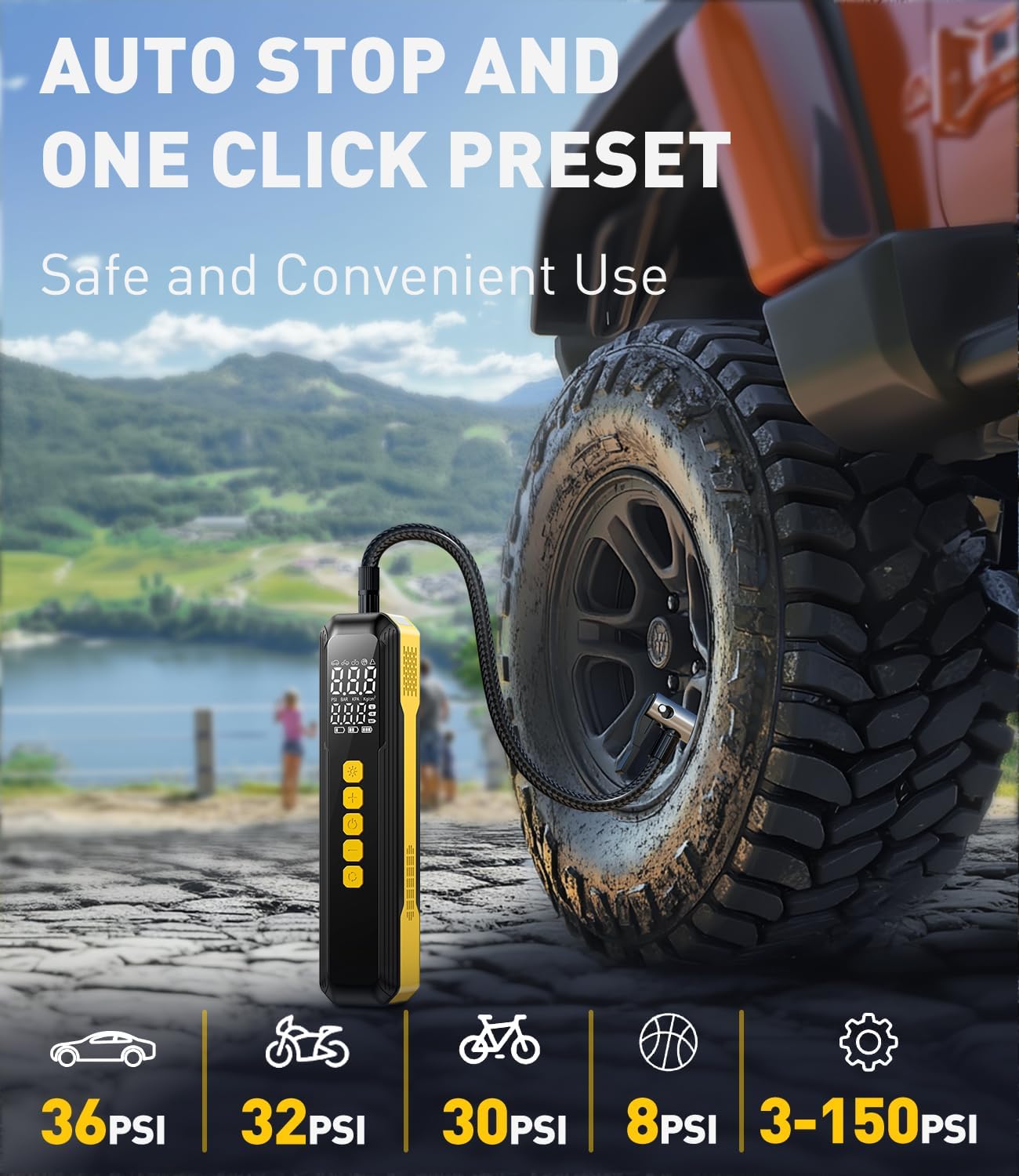 150 PSI Cordless Tyre Inflator for Car & Bike - Yellow - (12 Month) Warranty