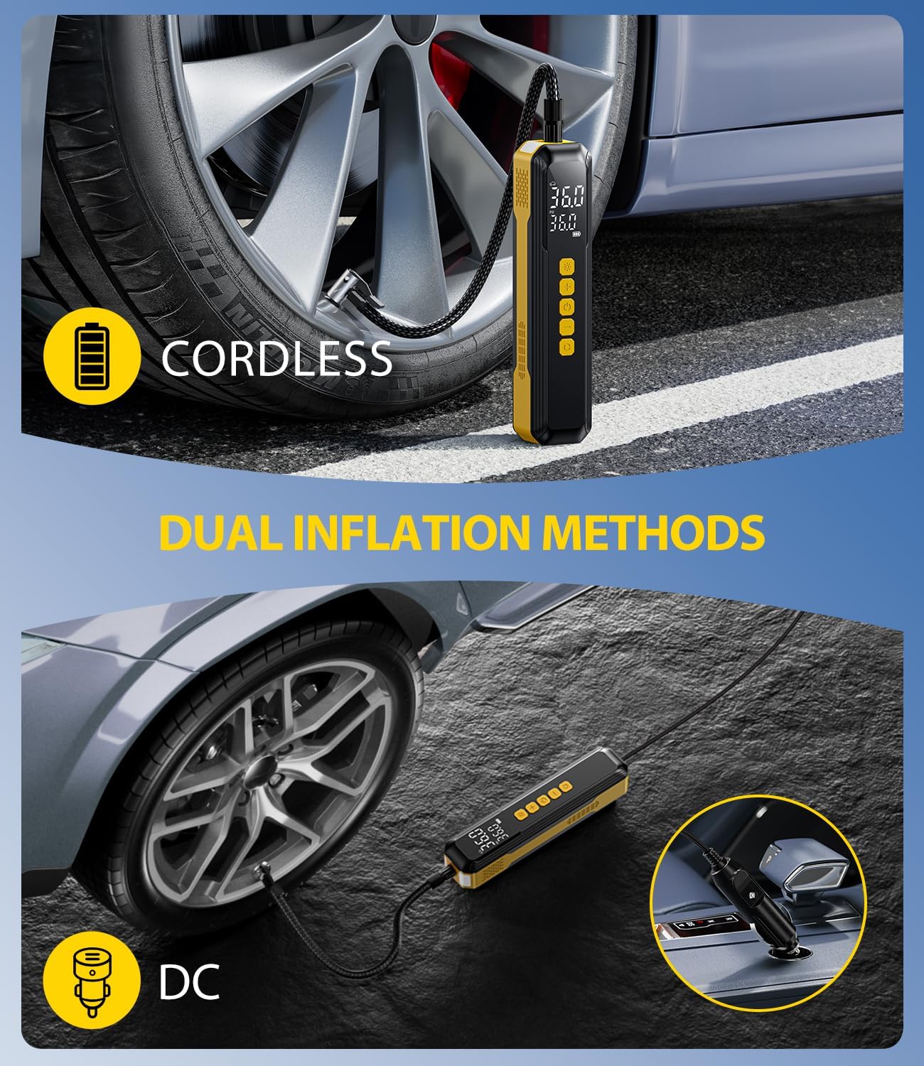 150 PSI Cordless Tyre Inflator for Car & Bike - Yellow - (12 Month) Warranty
