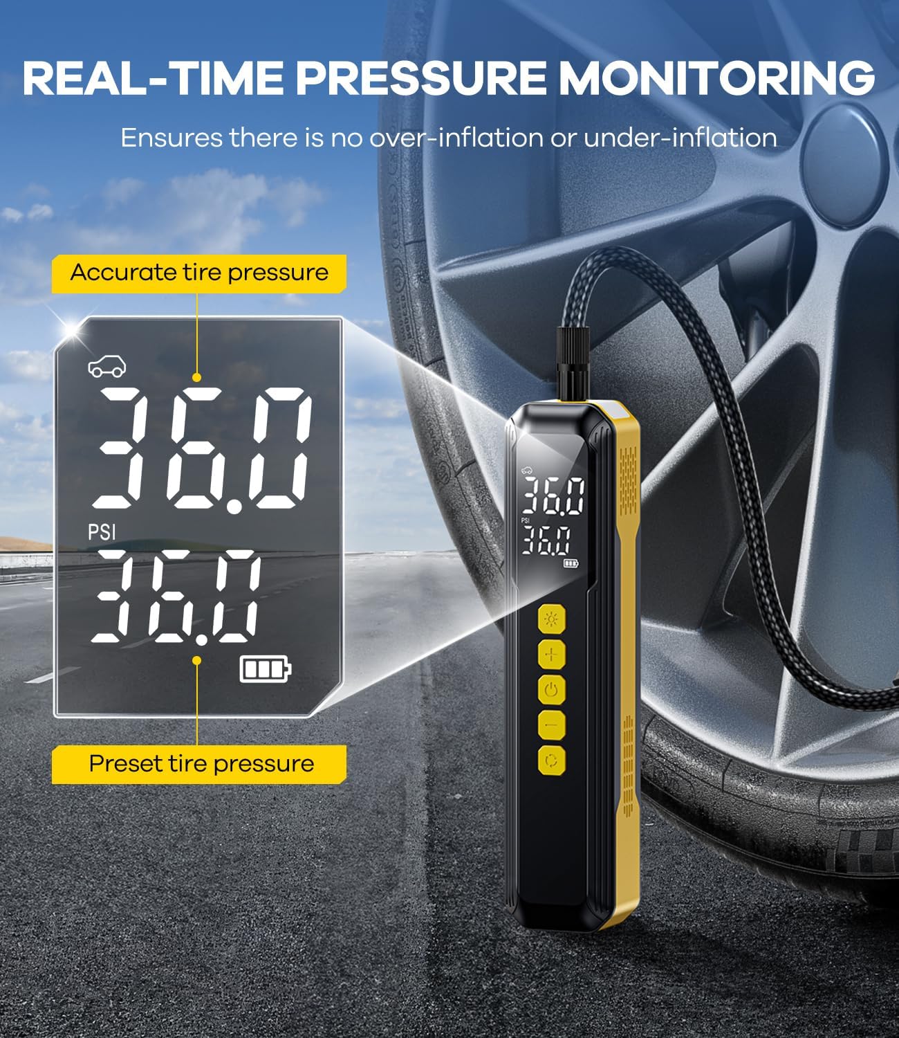 150 PSI Cordless Tyre Inflator for Car & Bike - Yellow - (12 Month) Warranty