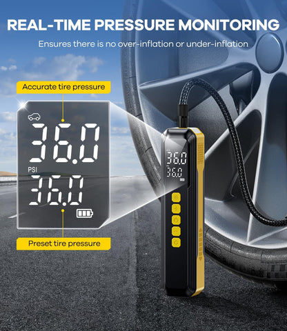 150 PSI Cordless Tyre Inflator for Car & Bike - Yellow - (12 Month) Warranty